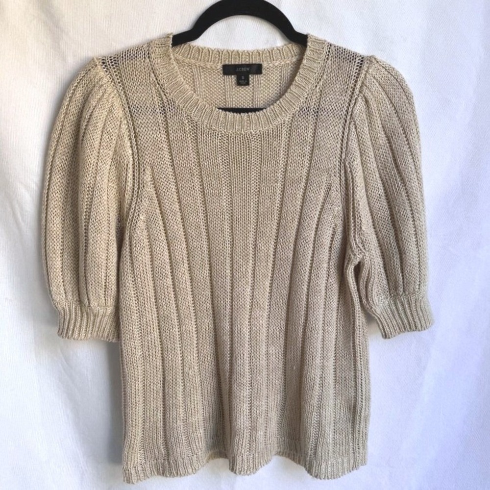 J. Crew Women S Beige 100% Linen Short Sleeve Puff Sleeve Ribbed Knit Top